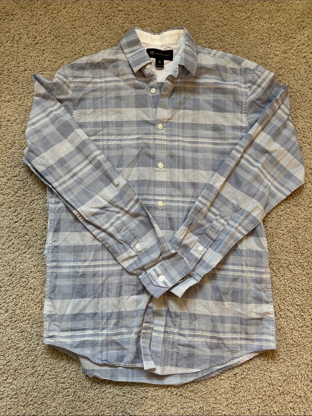 INC International Concepts Light Blue and White Plaid Button-Down Shirt